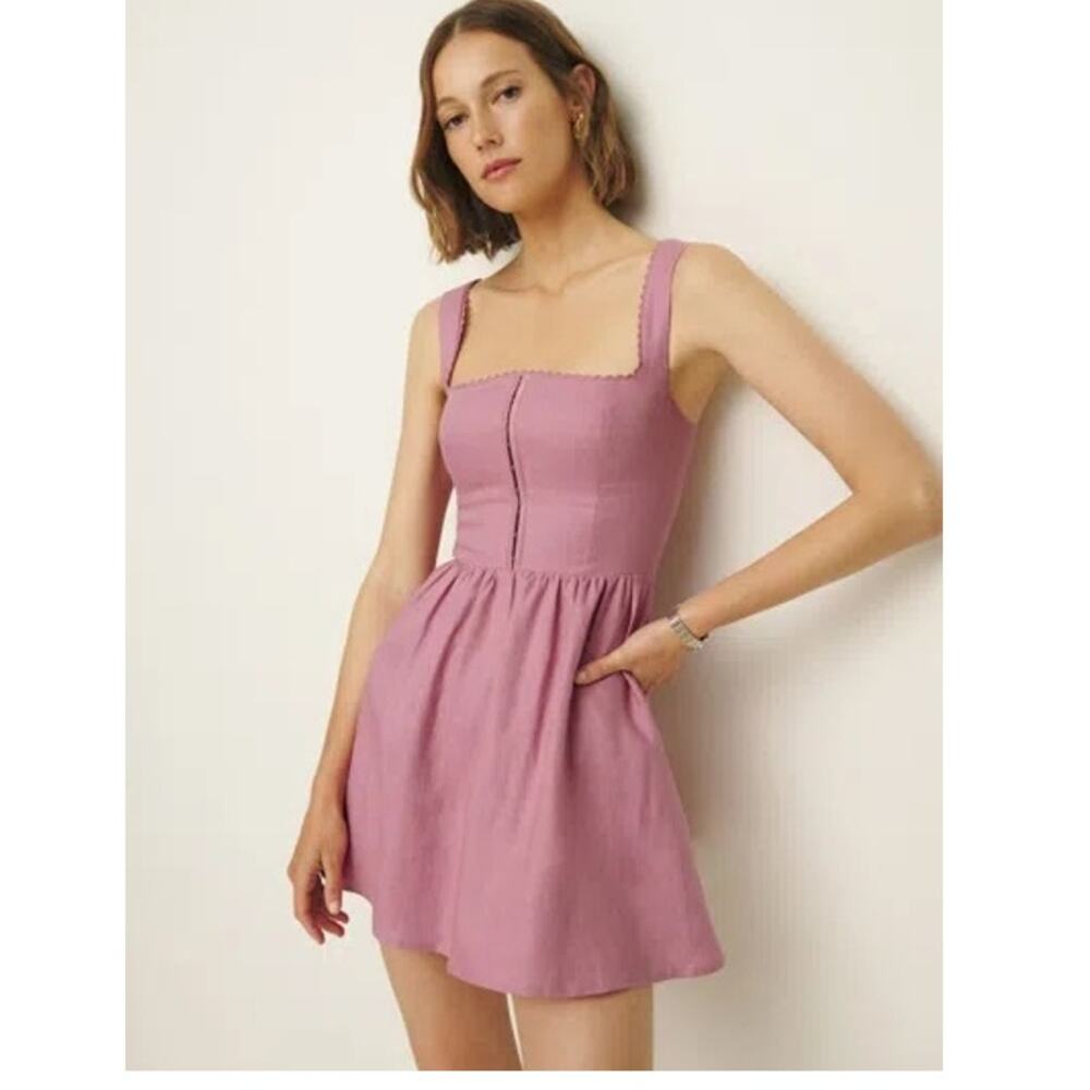 REFORMATION Sheri Linen Mini Dress In Rose Petals, Smocked Back, Coquette, 12